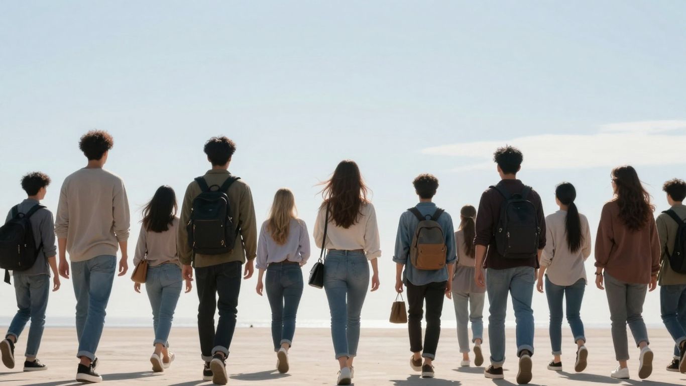 Personas caminando hacia un horizonte brillante.