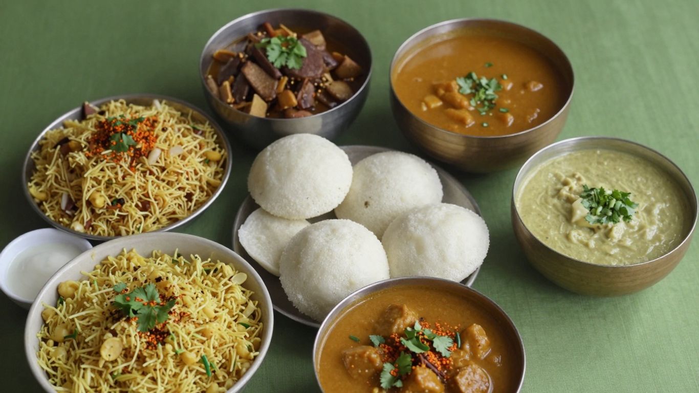 Colorful Indian breakfast dishes with poha, idlis, and upma.