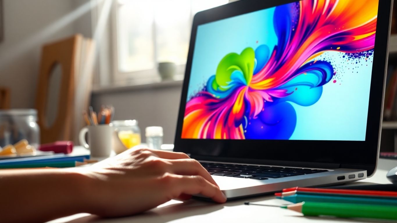 Laptop screen with e-printable design and art supplies.