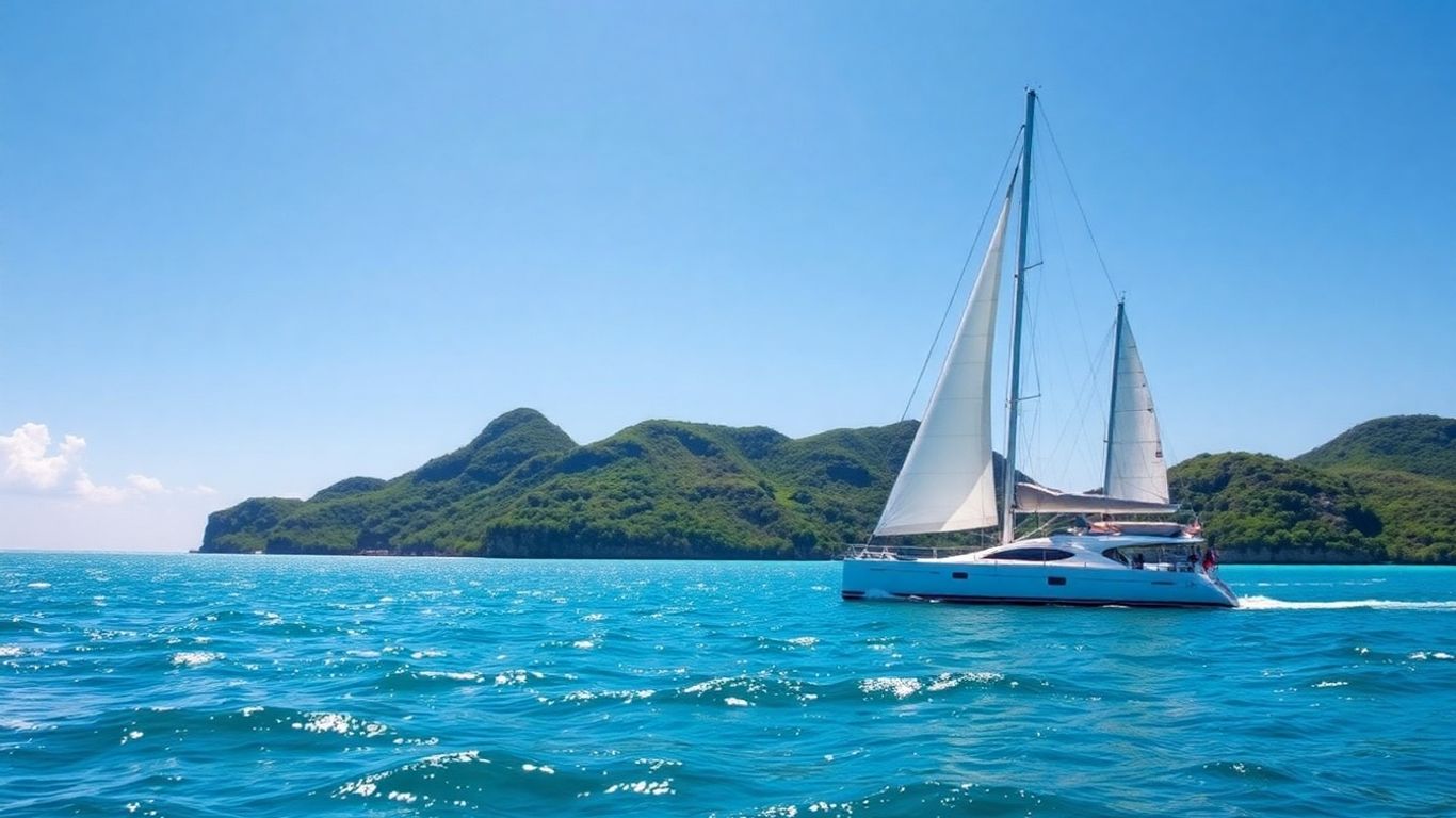 Sailboat on turquoise water near lush islands