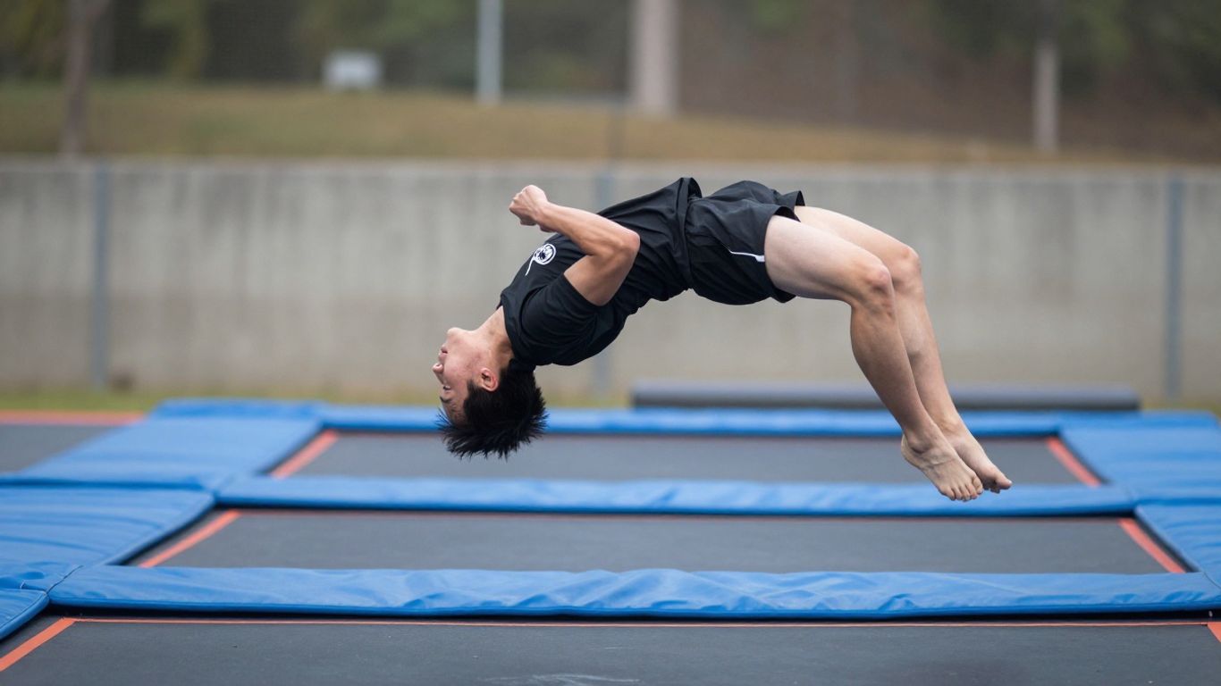 Person performing a front flip on a trampoline.