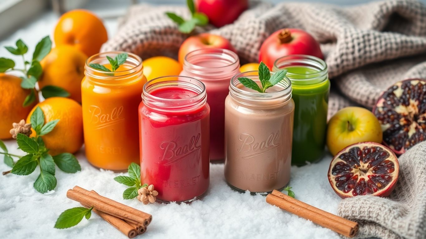 Verschiedene Wintersmoothies mit saisonalen Früchten im Glas