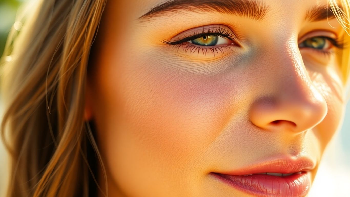 Woman with glowing skin bathed in soft sunlight.
