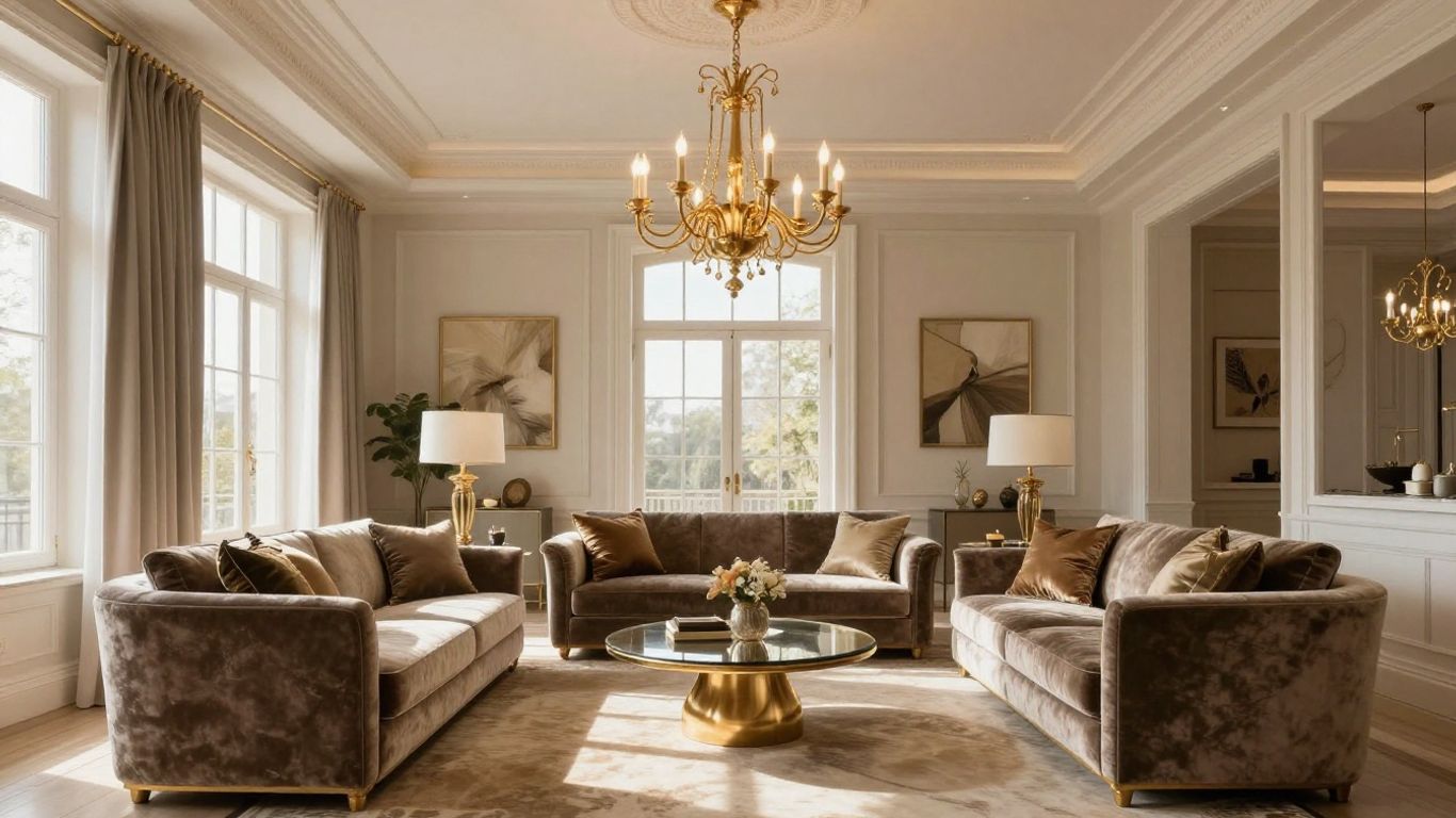 Elegant gold chandelier illuminating a luxurious living room.