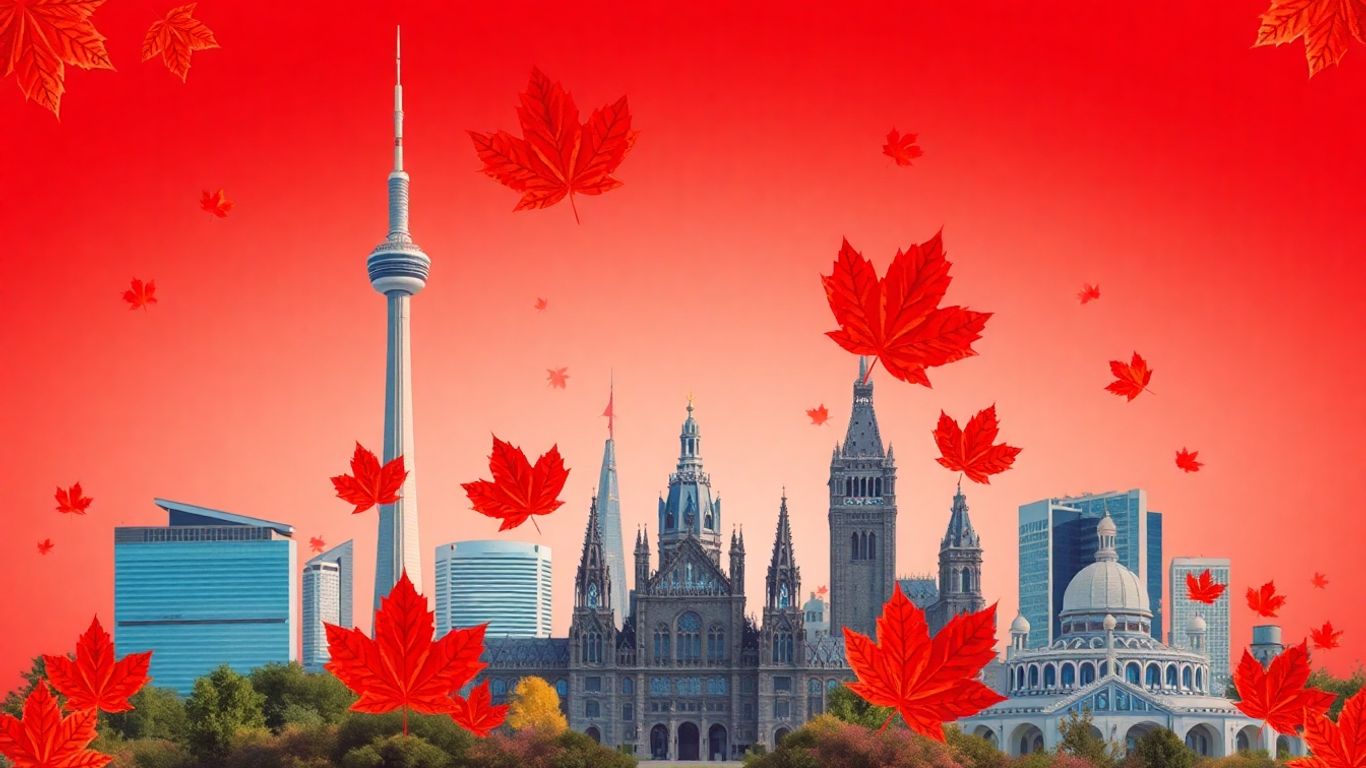 Canadian landmarks and maple leaves.