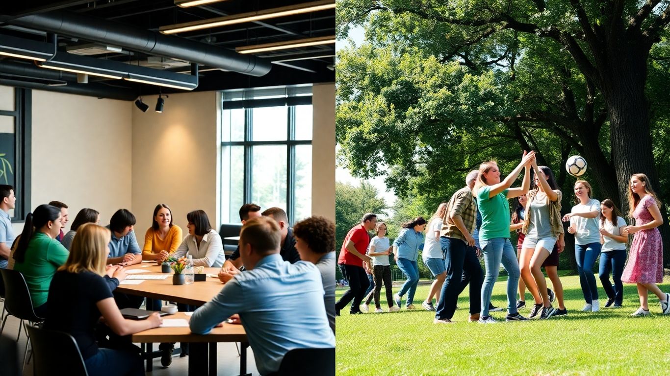 Indoor and outdoor team-building activities side-by-side.