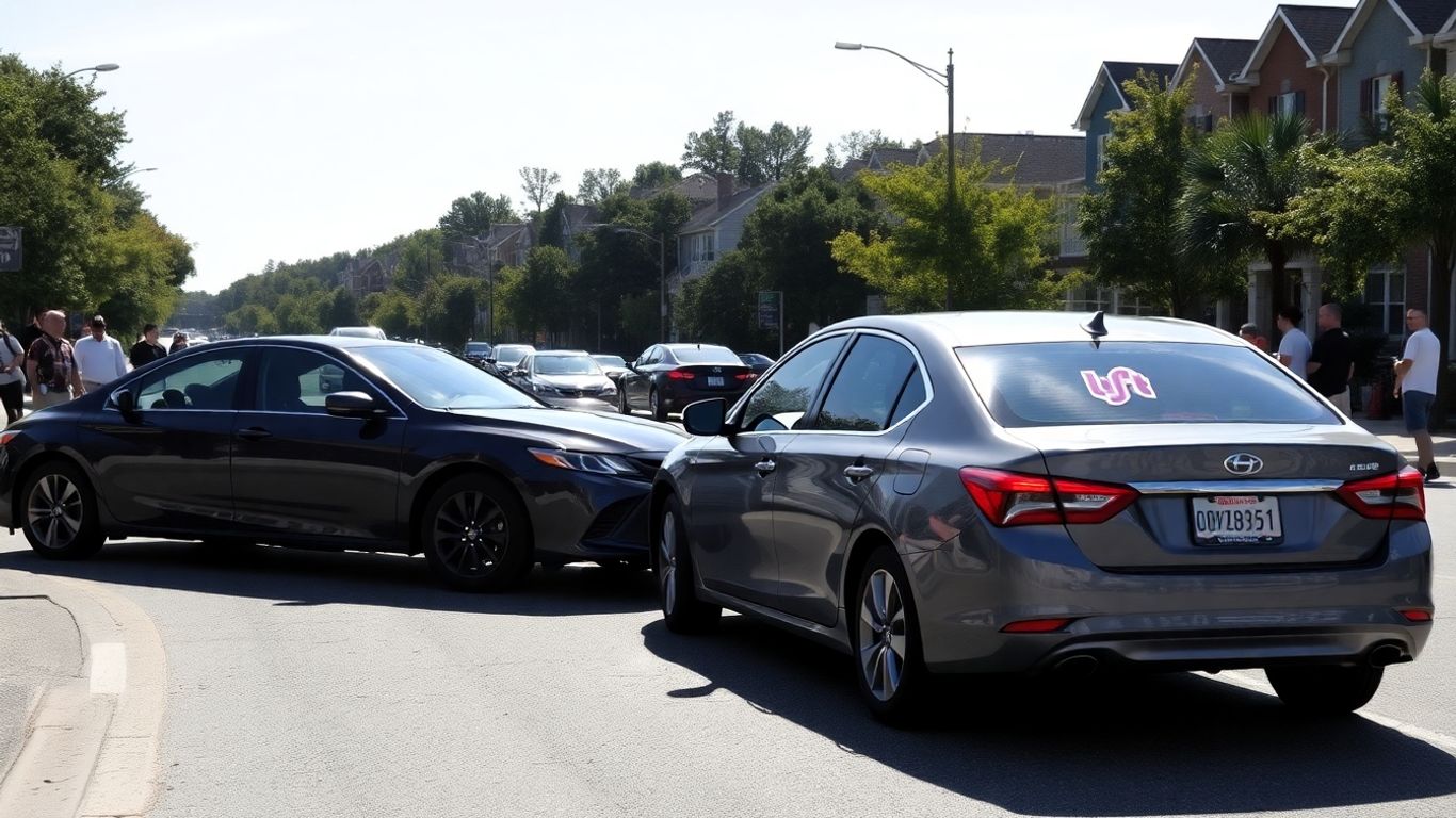 Two rideshare cars in a suburban accident scene