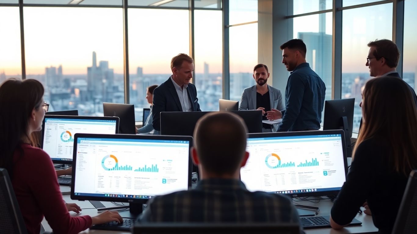 Profesionales trabajando con SAP en una oficina moderna.
