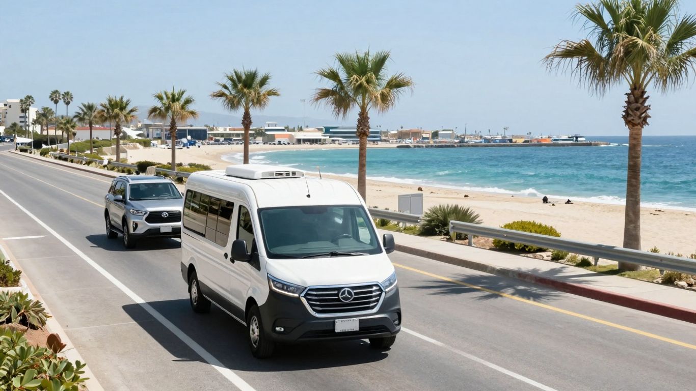 Cabo airport shuttles on a sunny coastal road