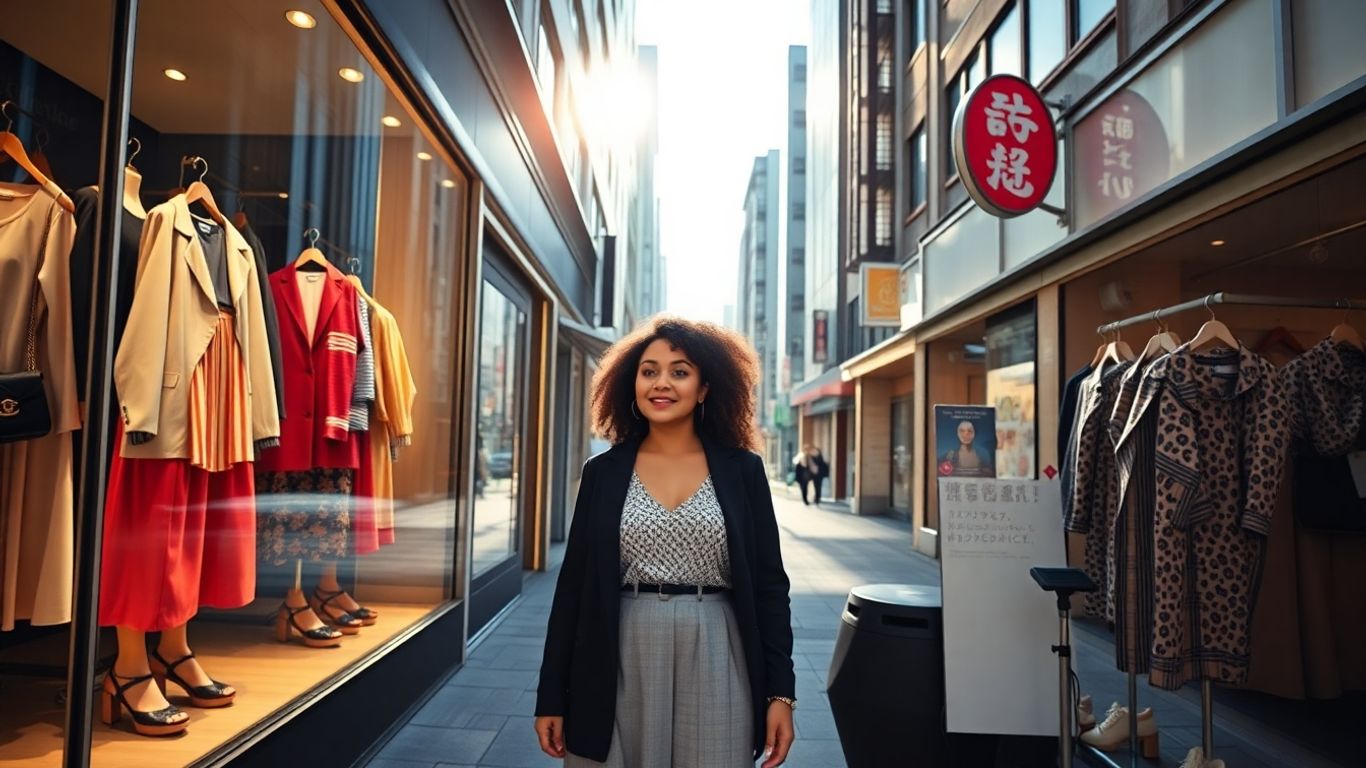 Plus-size woman shopping for stylish clothes in Tokyo.