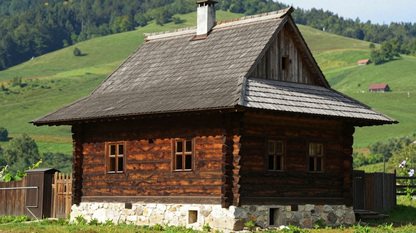 Casă tradițională din Transilvania cu acoperiș înclinat și sculpturi.