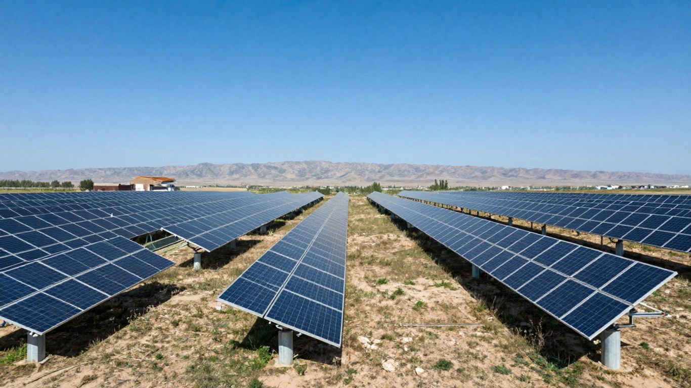 Panneaux solaires s'étendant à perte de vue sous un ciel bleu.