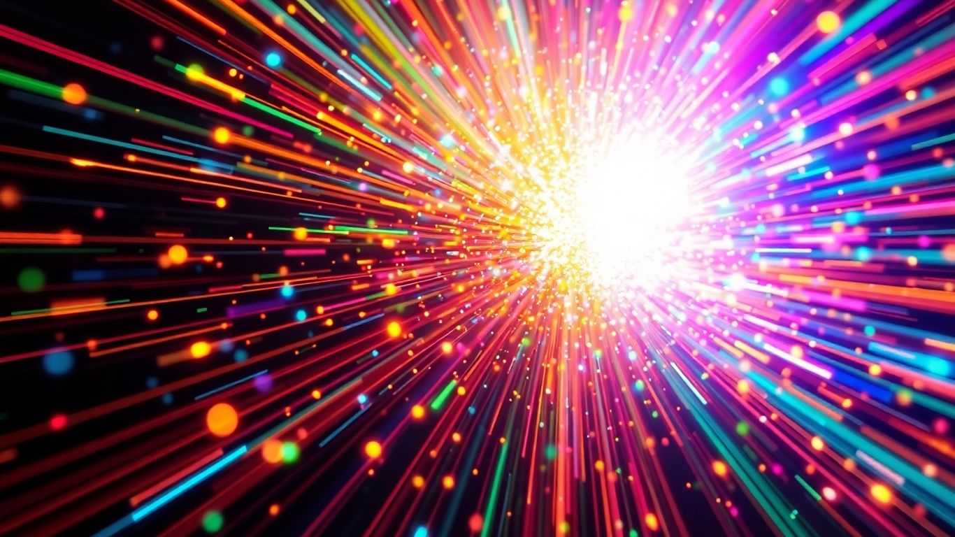 Abstract colorful explosion of light and digital patterns.