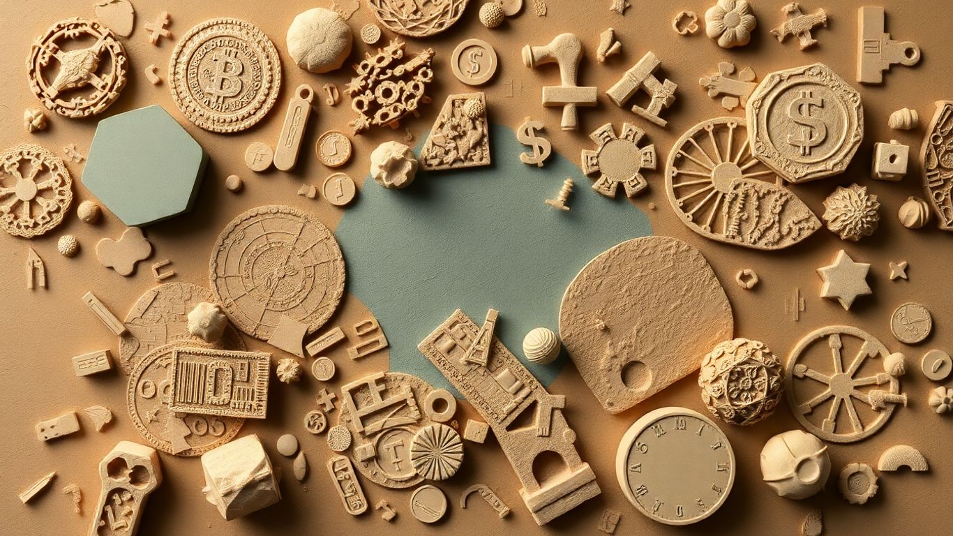 Abstract financial landscape with diverse textures and muted colors.