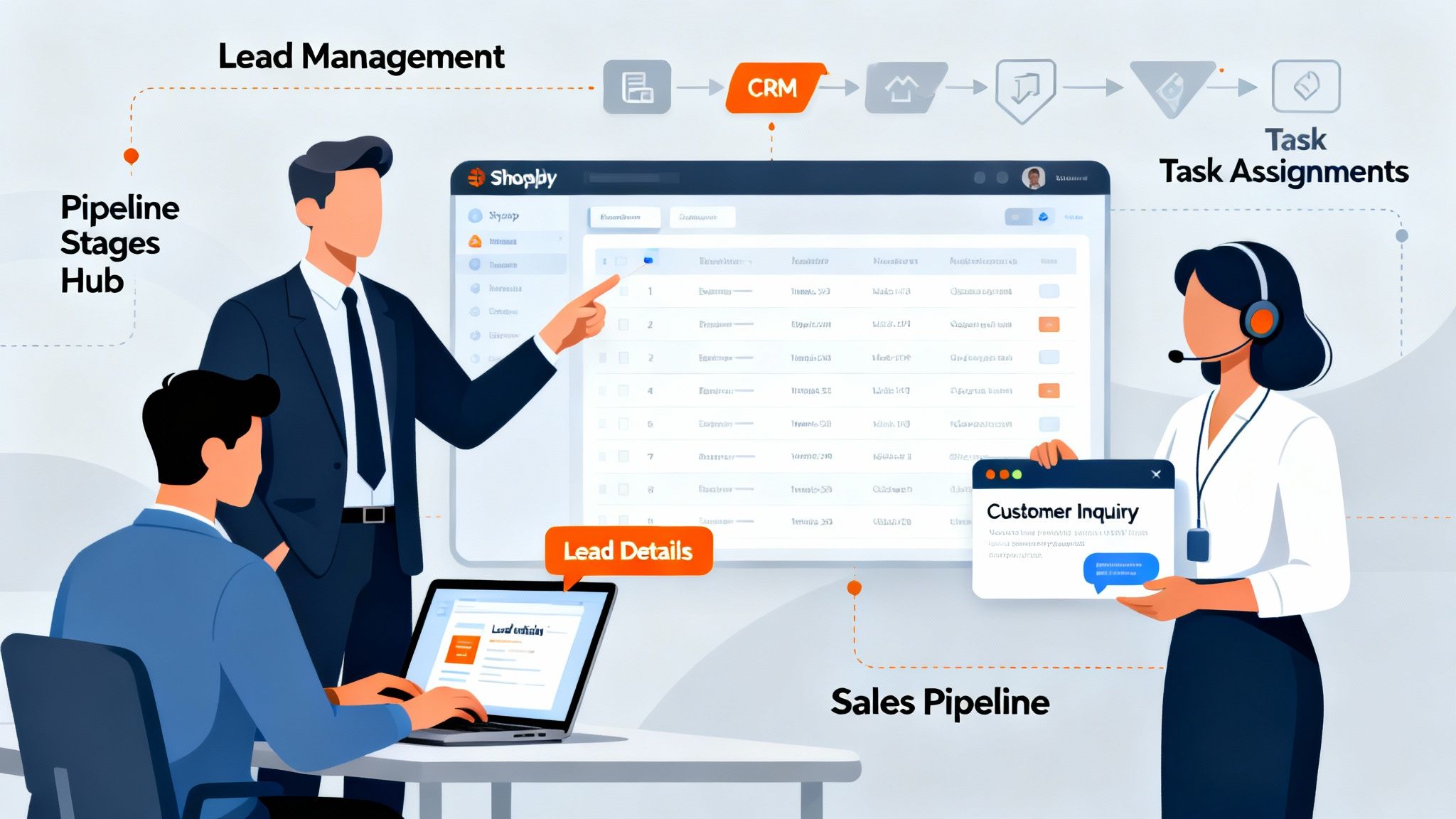 Conceptual illustration of Shopify sales team collaborating on leads within a CRM workflow
