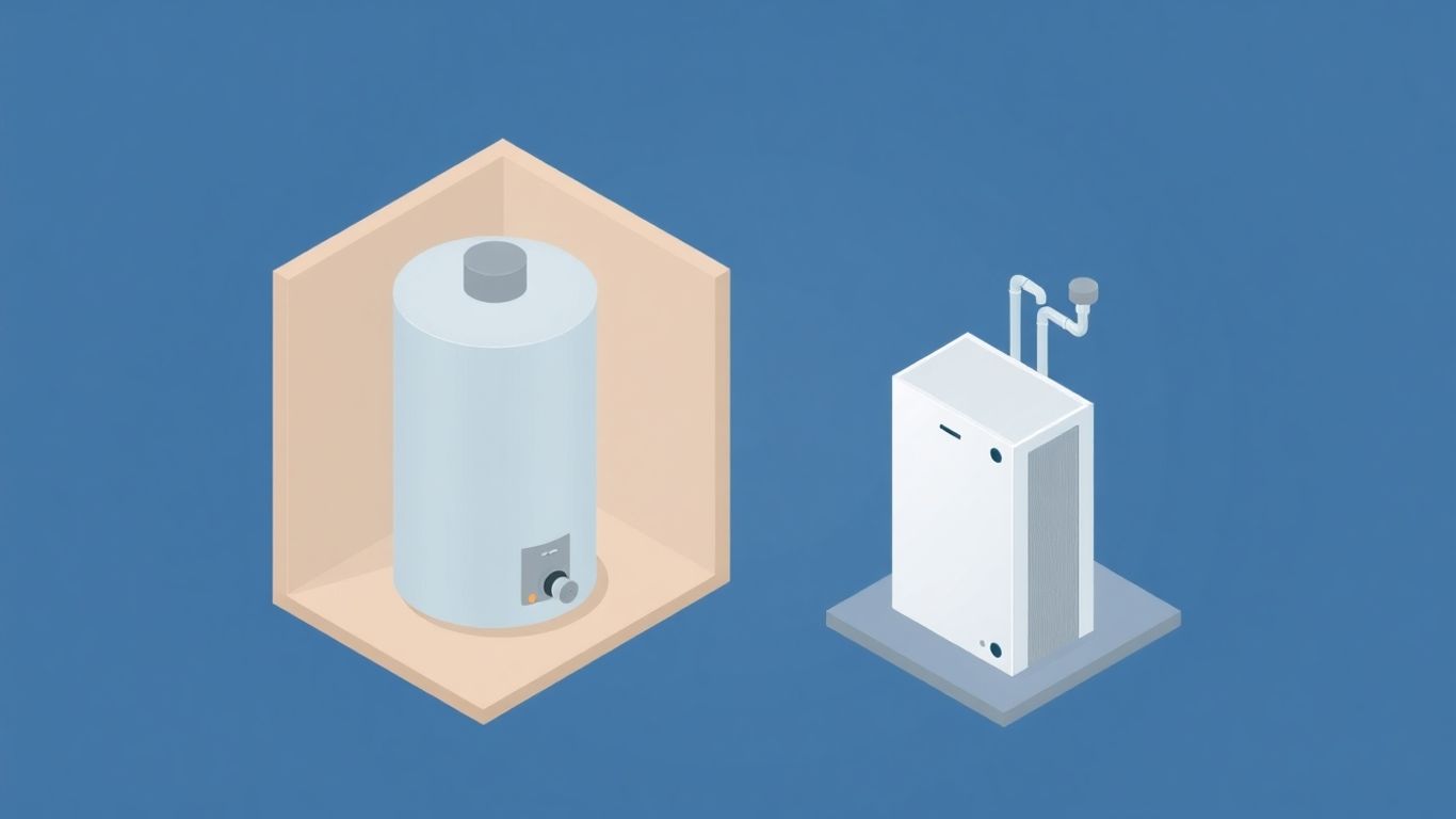 Heat pump water heater versus tankless comparison illustration.