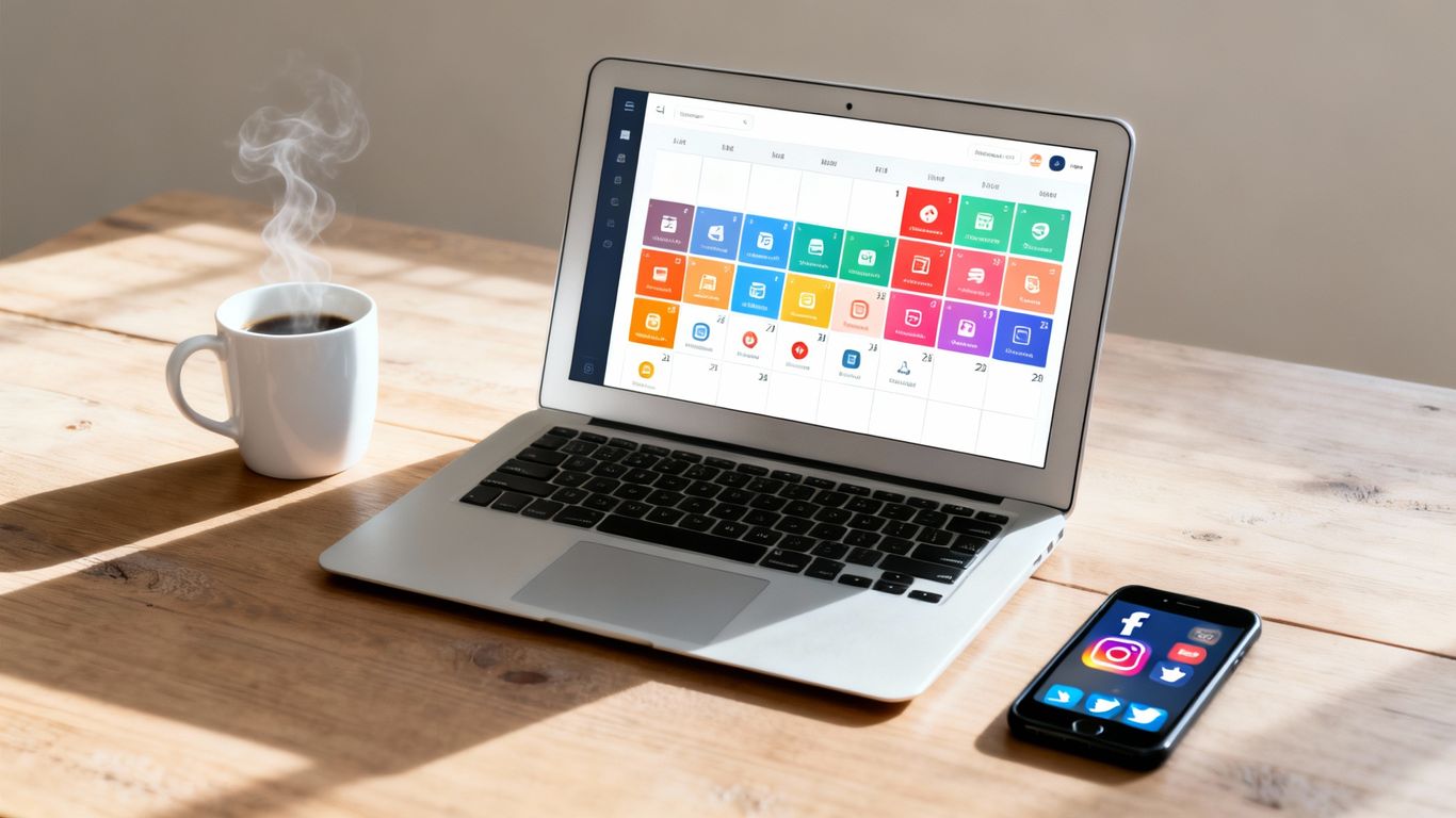Social media content calendar on a laptop screen.