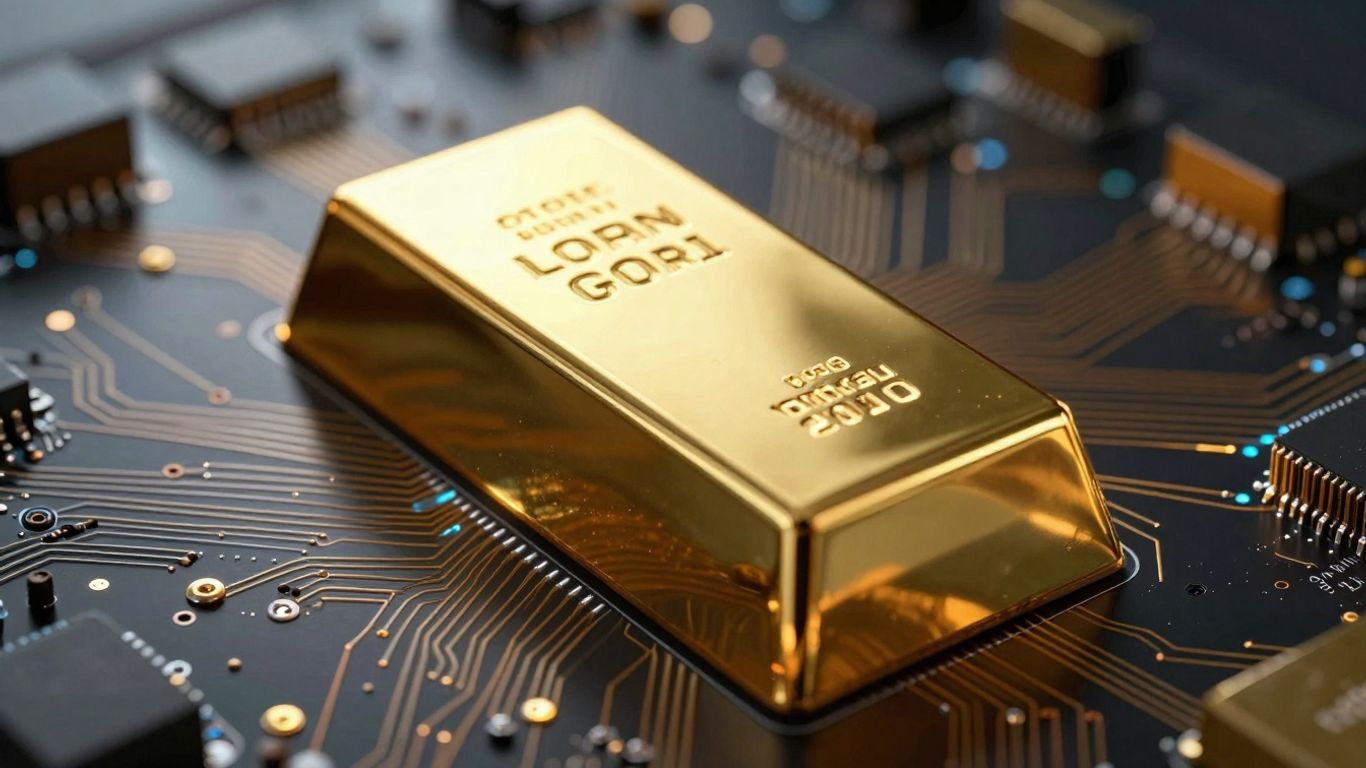 金色的錠塊，背景是抽象的數位技術。