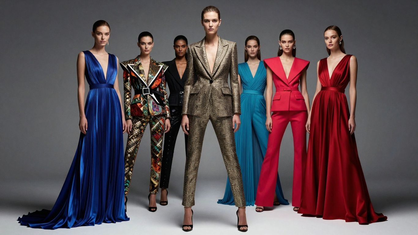 Fashion models in designer clothing on a studio backdrop.