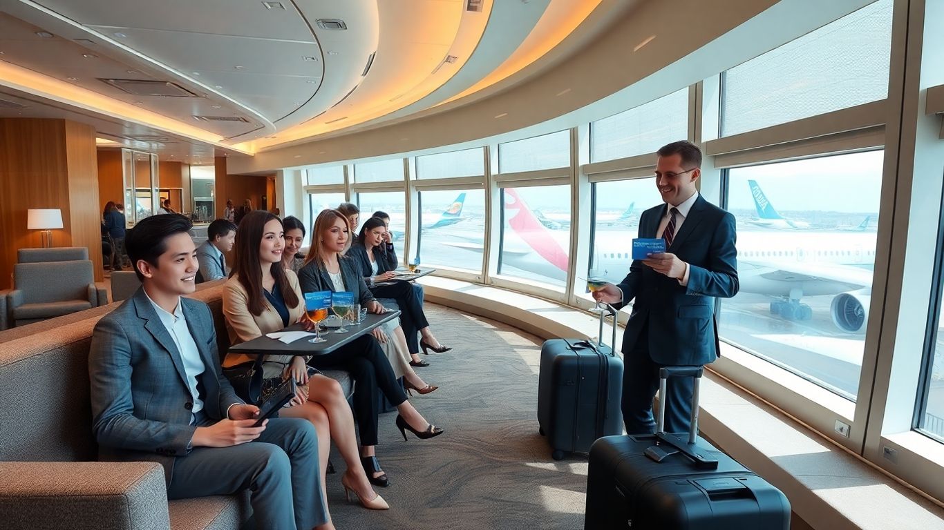 Luxurious airport lounge with travelers using credit cards.
