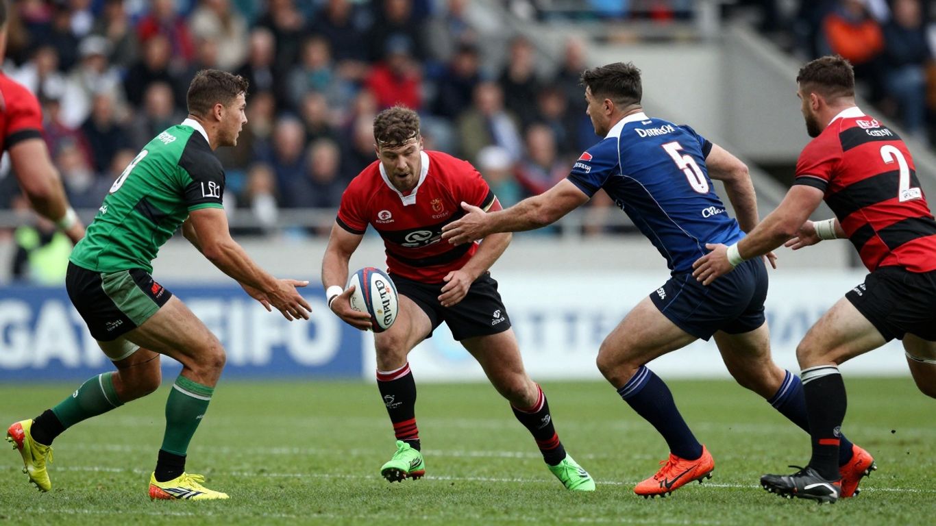 Rugby players in action on a field.