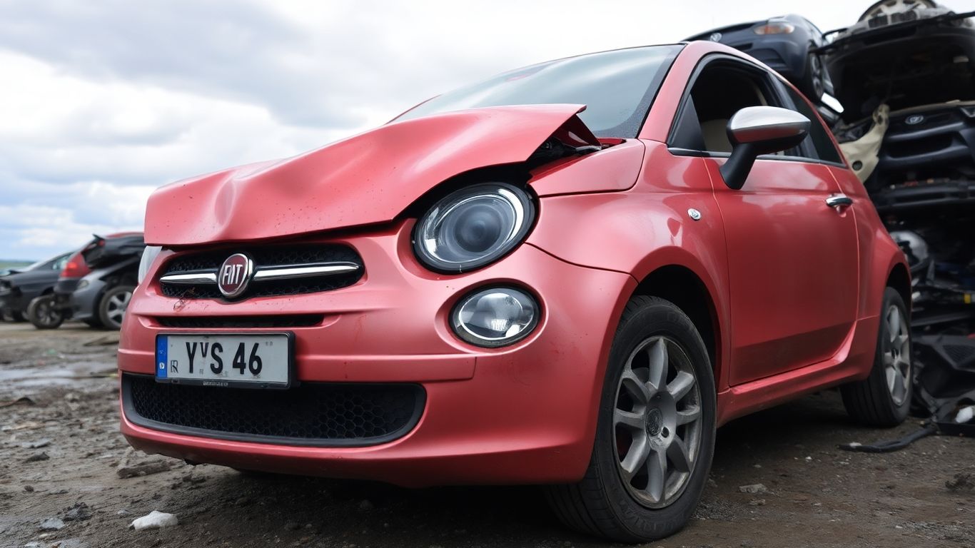 Damaged Fiat car in a junkyard after an accident.
