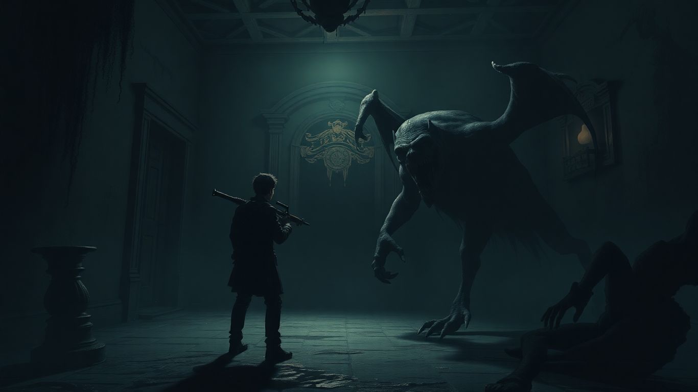 Horror RPG game character facing a monster.