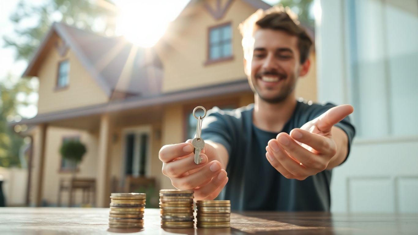 Arrendador con llaves y casa, símbolo de seguridad financiera.