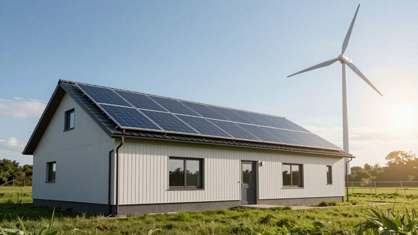 House with solar panels and domestic wind turbine.