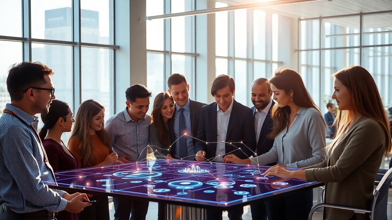 Equipo trabajando con inteligencia artificial en oficina moderna.