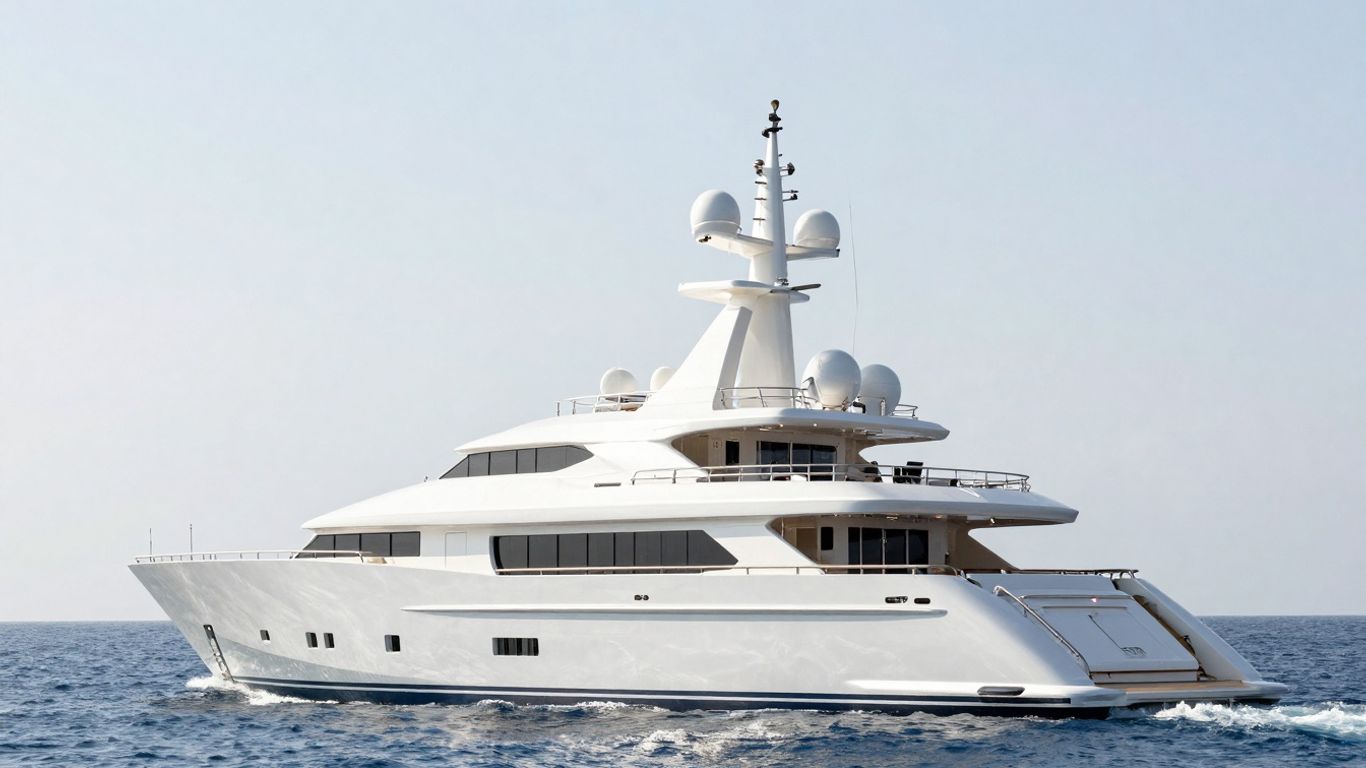 Luxurious superyacht sailing on a clear blue ocean.