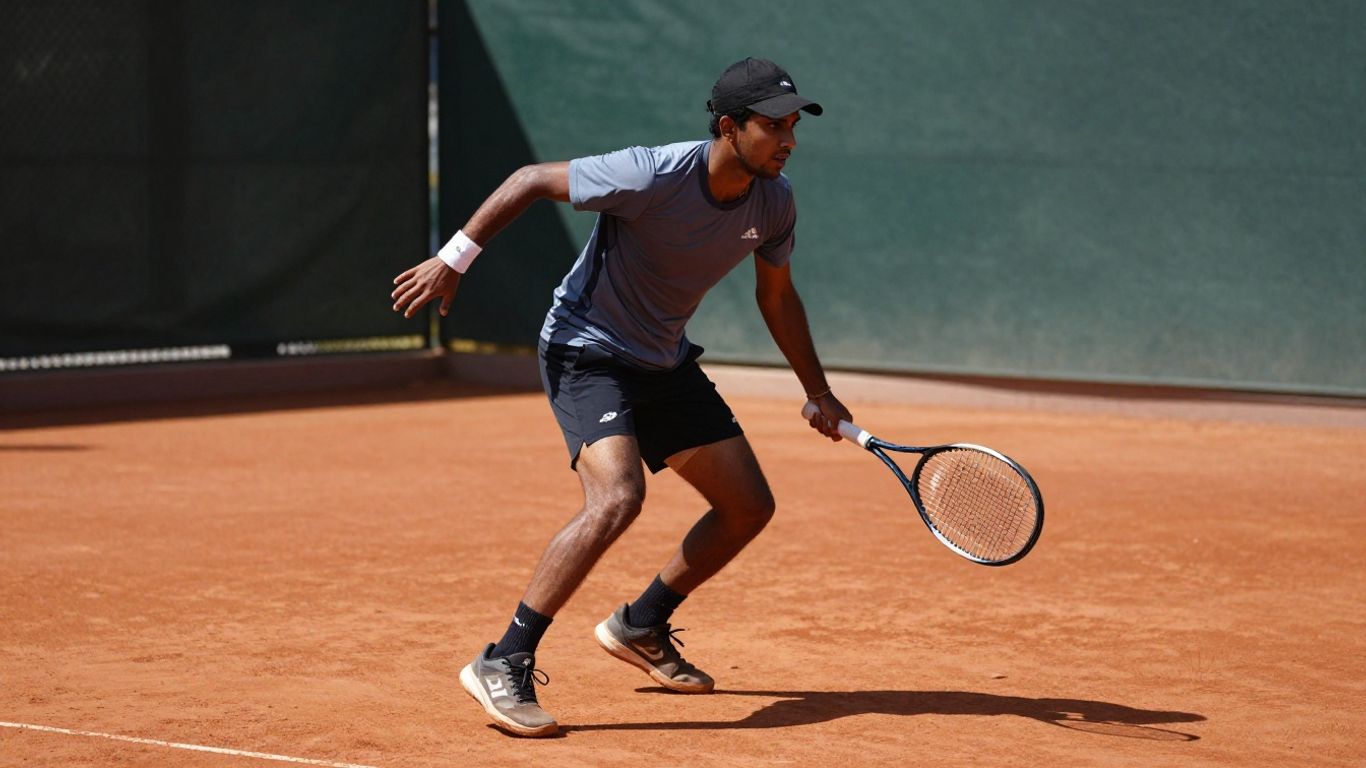 Jucător de tenis în mișcare pe terenul de tenis.