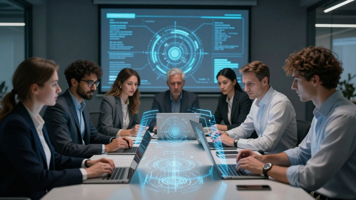 Menschen arbeiten mit digitalen Schnittstellen im Büro.