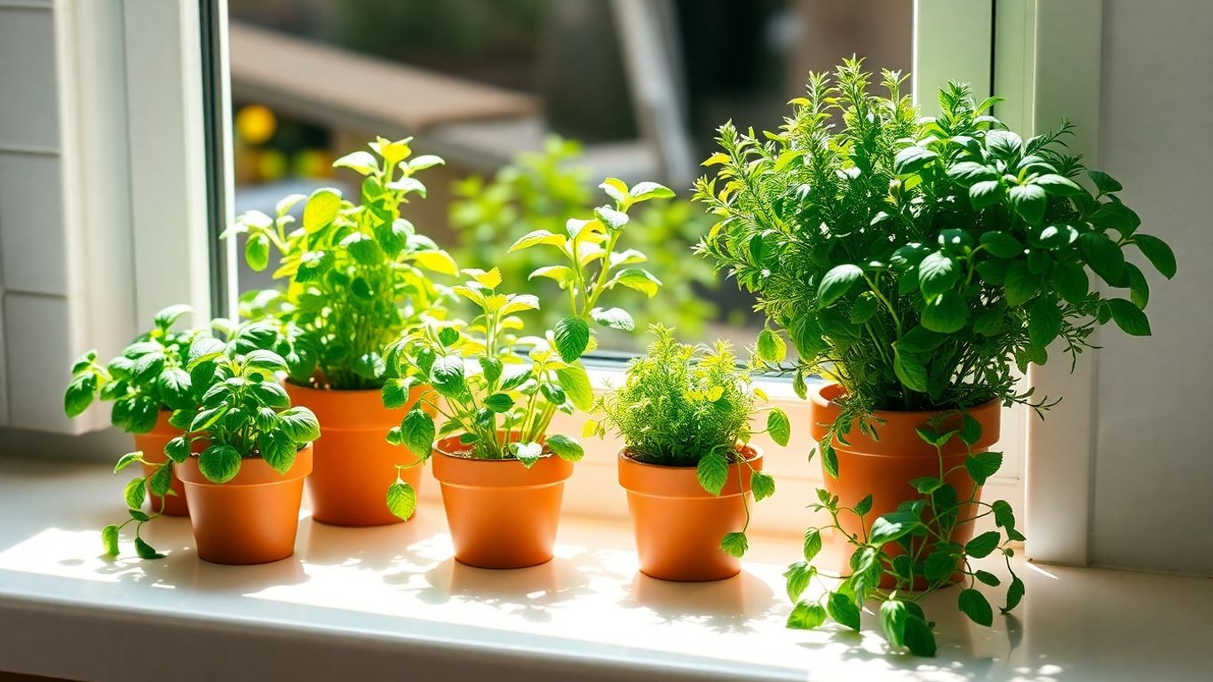 Frische Kräuter auf Küchenfensterbank, bereit zum Kochen.