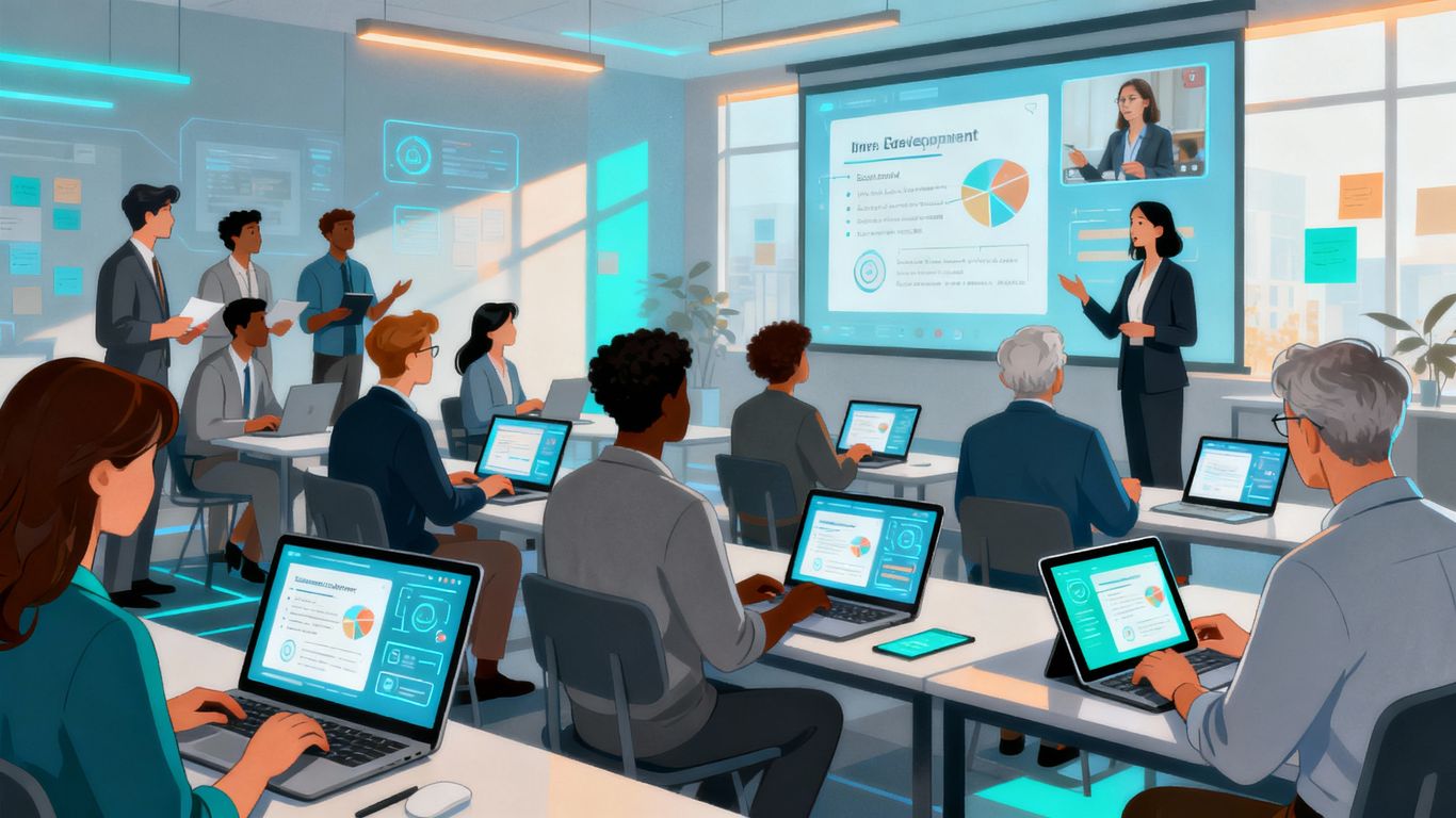 Corporate professionals learning online for training and upskilling.