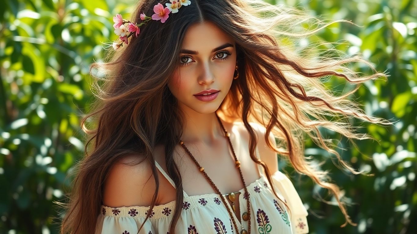 Bohemian woman with flowers in hair and embroidered dress.
