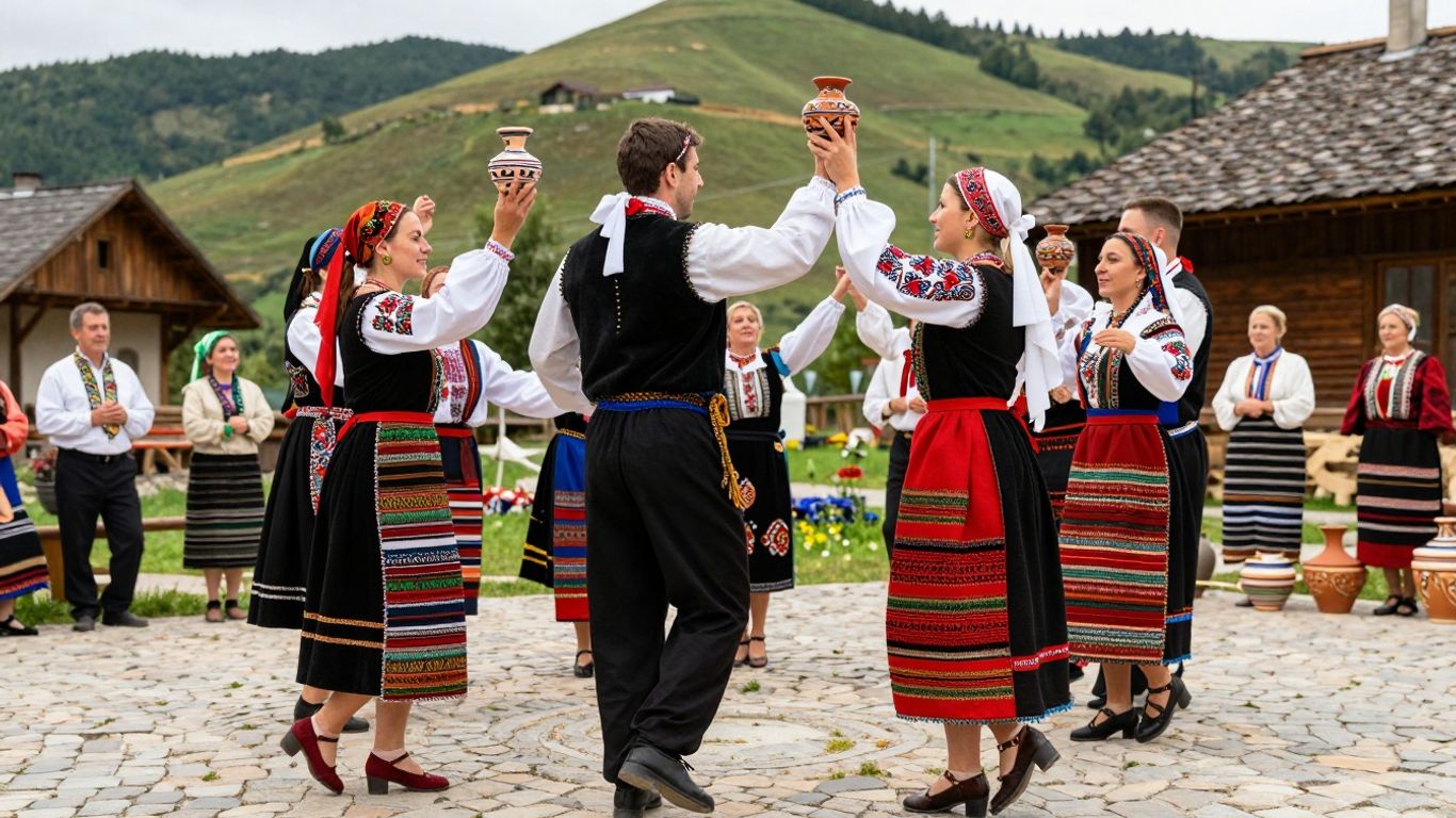 Costume populare românești, dansuri tradiționale, peisaj rural.