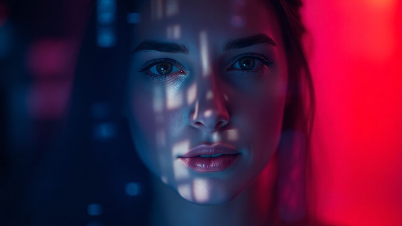 Woman's face with digital light patterns.