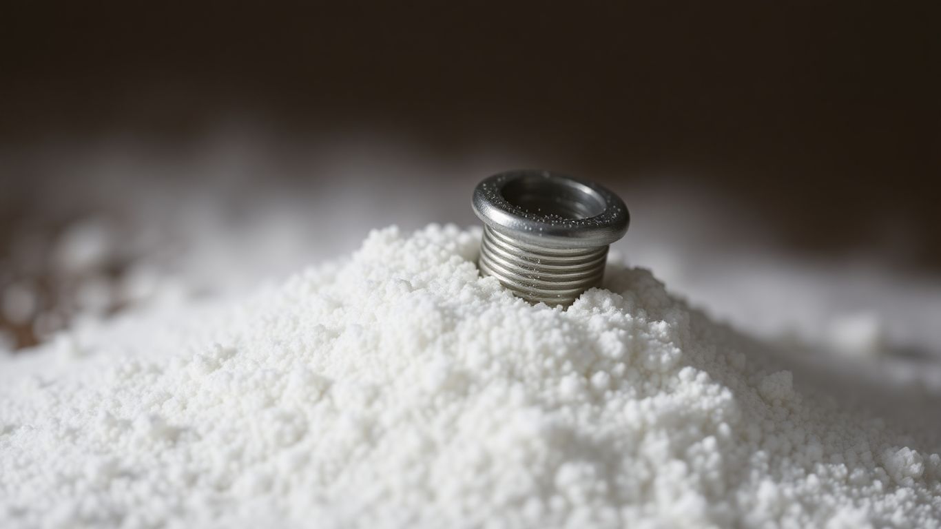 Close-up of a metal stud covered in white powder.