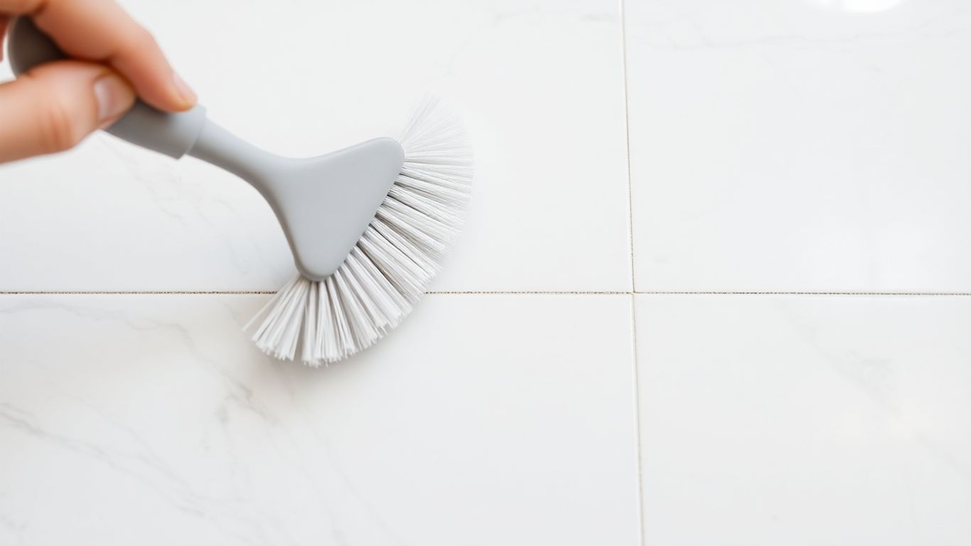 Sparkling clean marble tile grout with a cleaning brush.