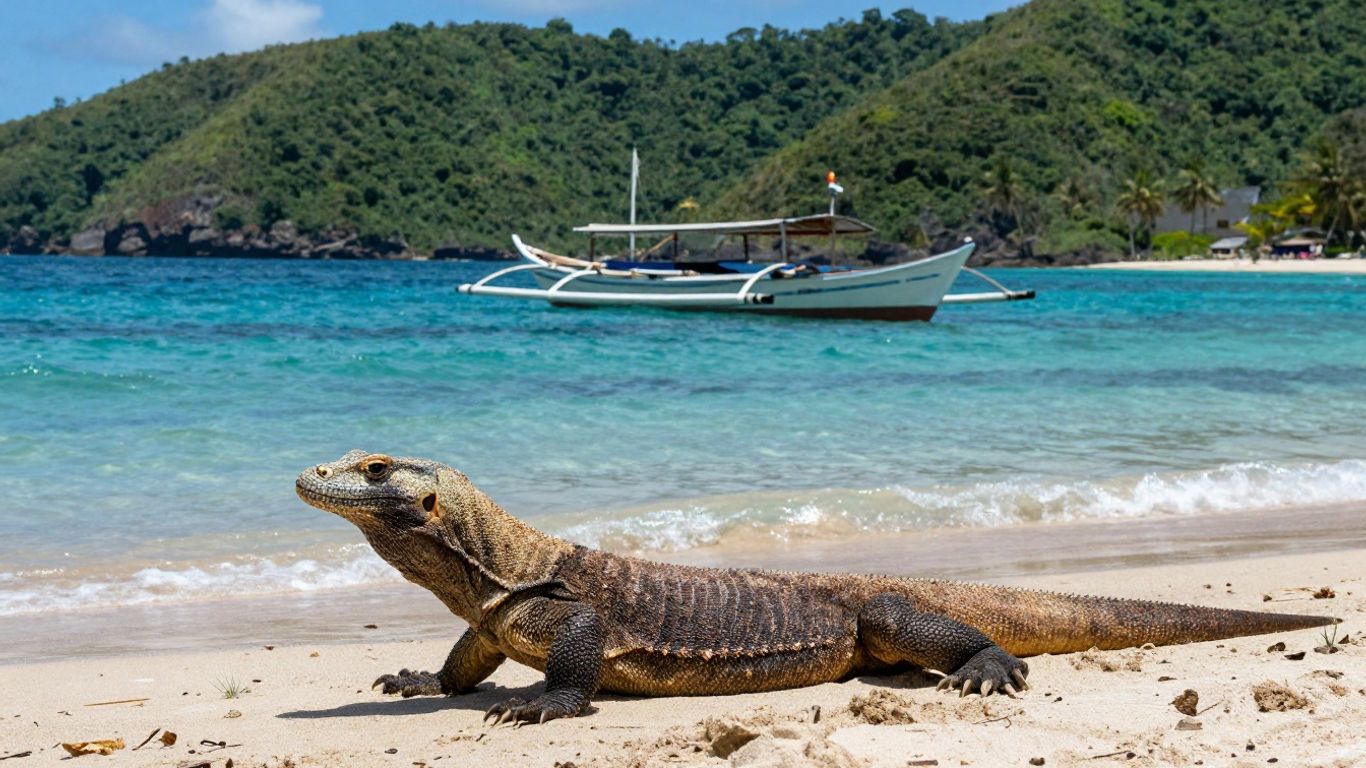 Komodo dragon on a beach near turquoise waters.