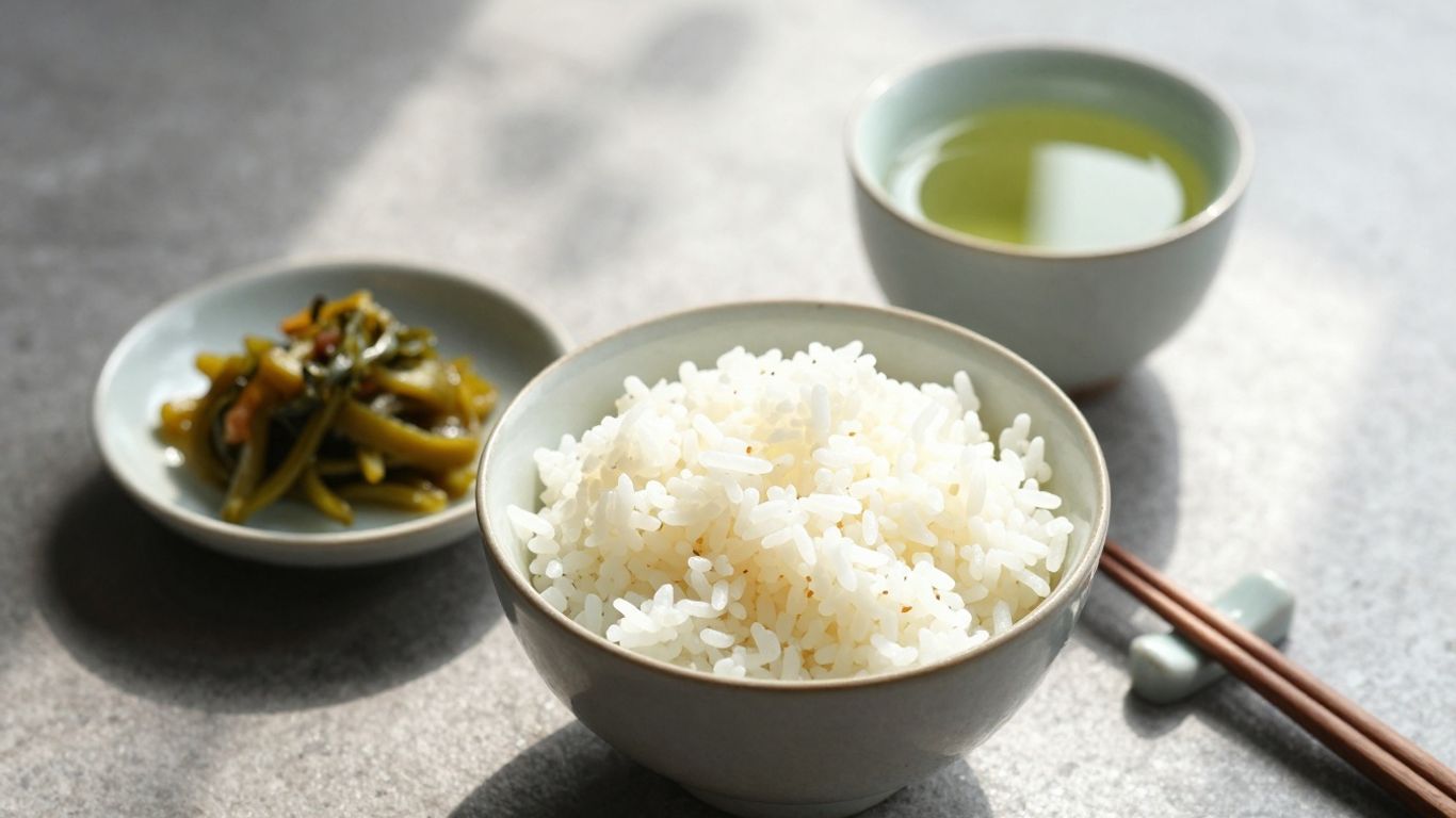 Serene Japanese breakfast with rice, pickles, and tea.