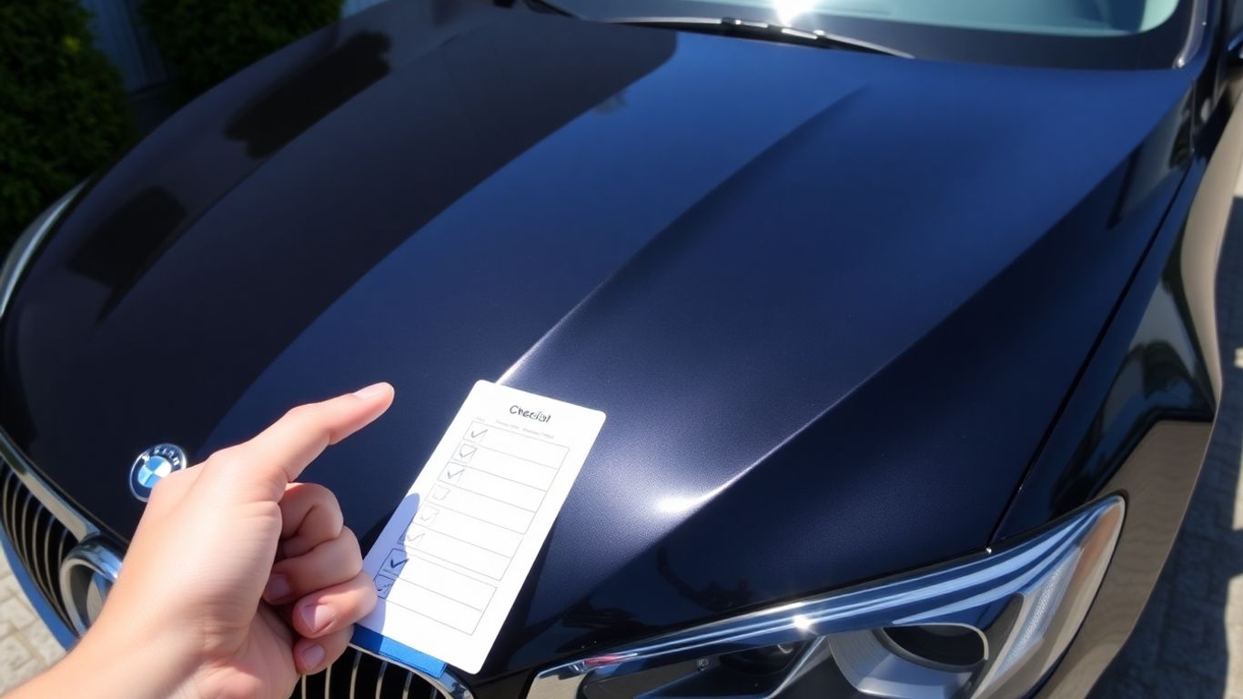 New car inspection checklist with hand pointing at vehicle.
