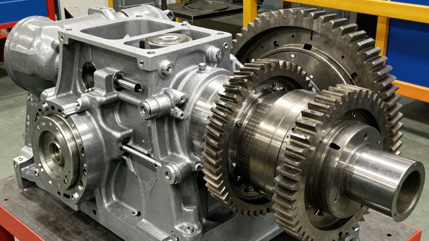 Industrial gearbox with metallic gears and components.