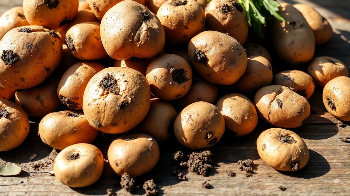 Biologische aardappelen, vers geoogst, op een houten ondergrond.