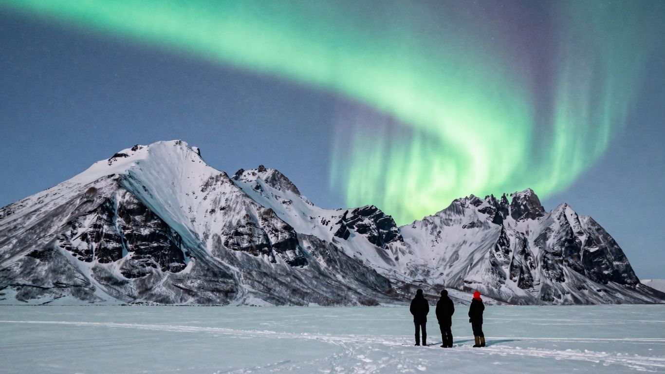 Snowy mountains under the Northern Lights in Tromsø.