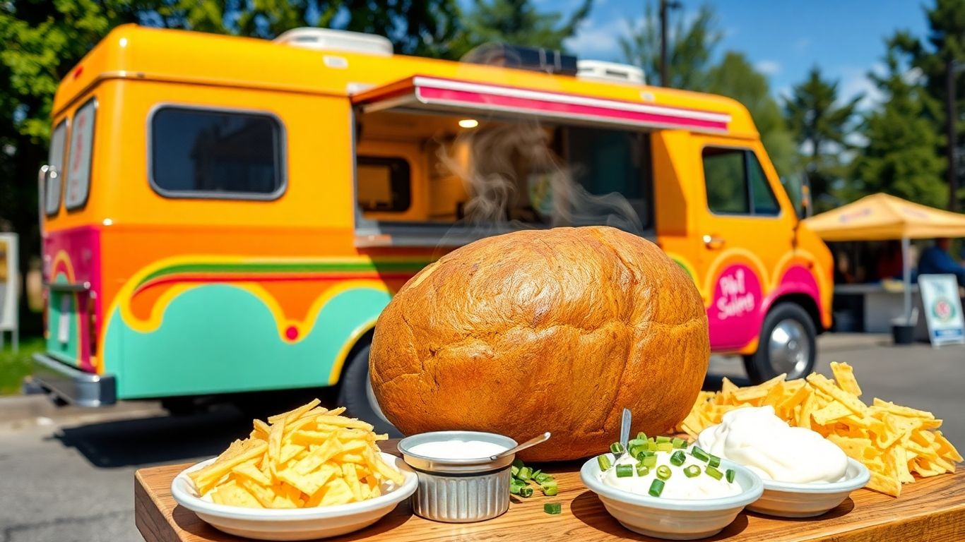 A delicious baked potato van serving hot, loaded potatoes.