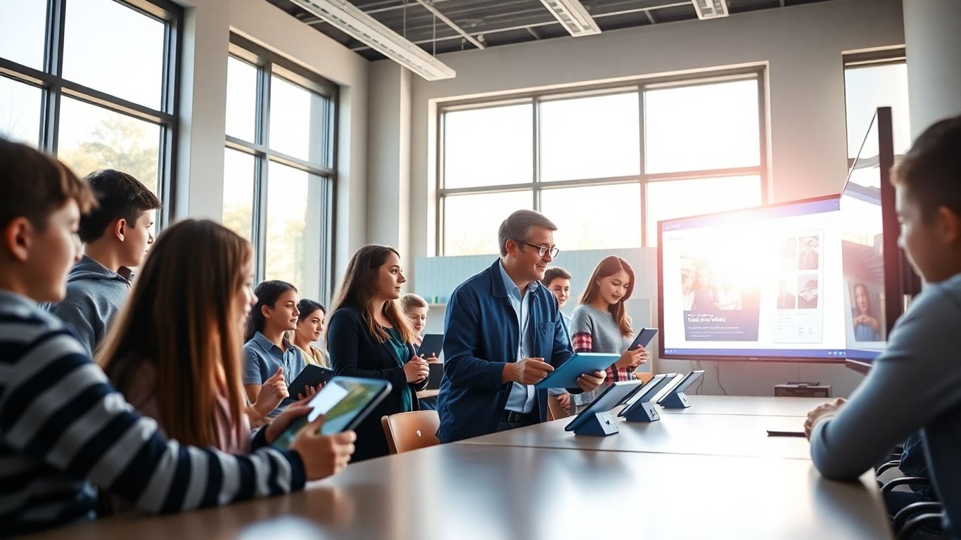 Elevi folosind tehnologie în sala de clasă modernă.