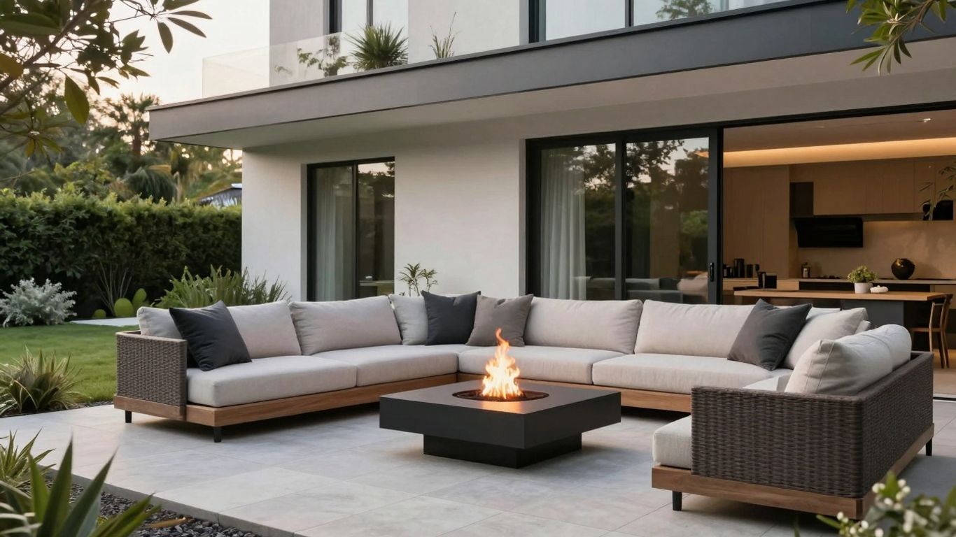 Modern patio with seating and fire pit.