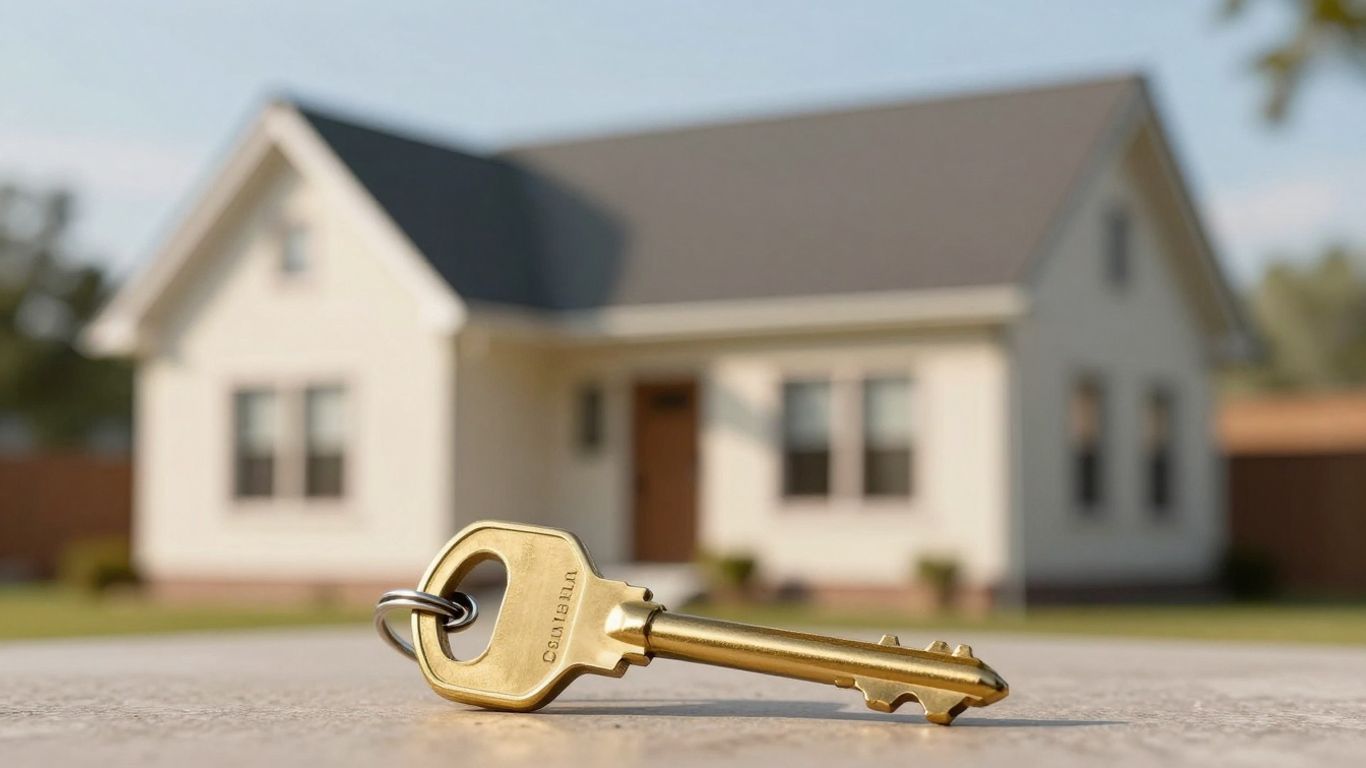 House with a golden key, symbolizing property ownership.